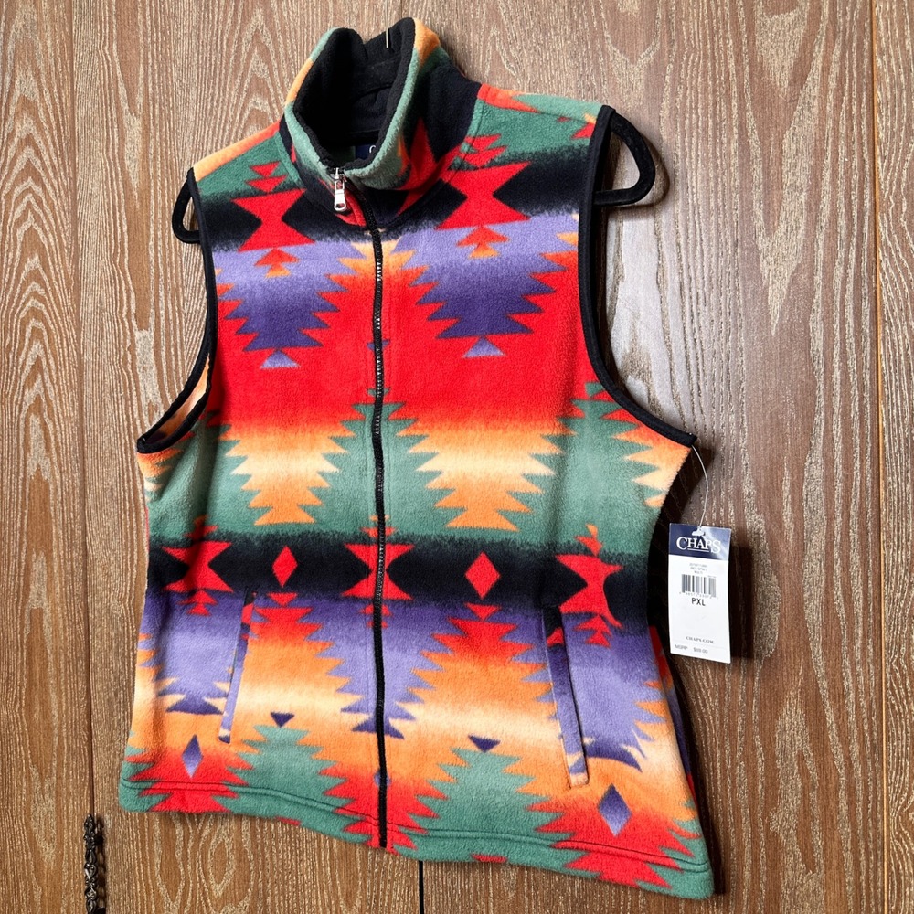 NWT Chaps Southwestern Aztec Multi Color Full Zip Petite XL Fleece Vest Vacation - Picture 2 of 9